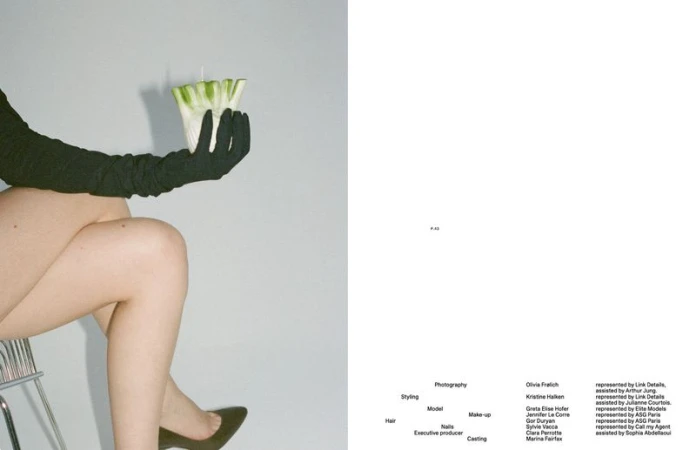 Cropped editorial spread of model Greta Hofer wearing black opera gloves and heels while holding a vegetable-shaped candle.