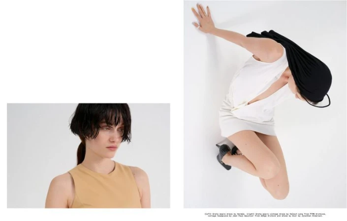 Model Greta Hofer in an editorial spread wearing a beige sleeveless top and a white mini dress with a black draped headpiece.
