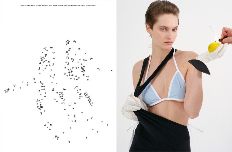 Model Greta Hofer in a light blue bikini top and white gloves holding a lemon beside magazine typography on a white background.