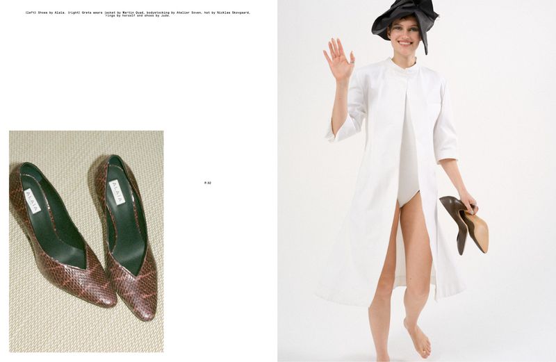 Editorial spread with brown snakeskin Alaïa heels on the left and model Greta Hofer waving in a white coat and black hat on the right.