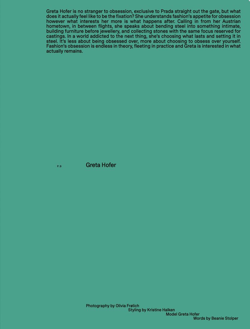 Editorial layout featuring black typography and article text introducing Greta Hofer on a solid bright green background.