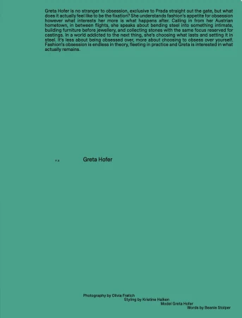 Editorial layout featuring black typography and article text introducing Greta Hofer on a solid bright green background.