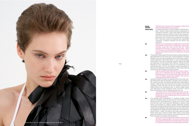 Close-up portrait of model Greta Hofer with short brown hair in a ruffled black garment on an Endless Magazine editorial page layout.