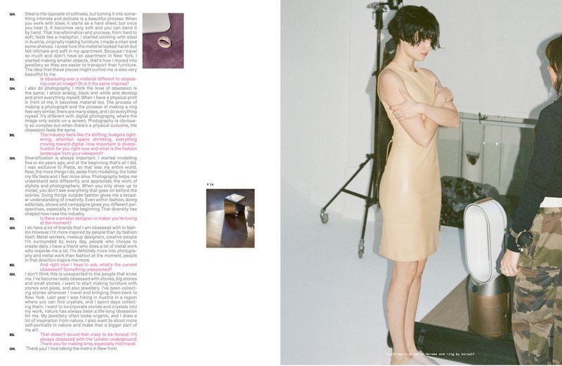 Magazine editorial spread showing model Greta Hofer in a sleeveless beige mini dress standing in a studio next to interview text.