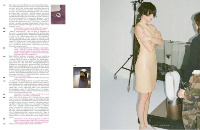 Magazine editorial spread showing model Greta Hofer in a sleeveless beige mini dress standing in a studio next to interview text.
