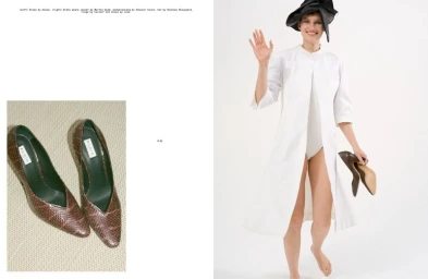 Editorial spread with brown snakeskin Alaïa heels on the left and model Greta Hofer waving in a white coat and black hat on the right.