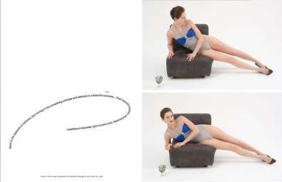 Editorial spread featuring model Greta Hofer reclining on a grey chair in a grey and blue bodysuit against a white background.