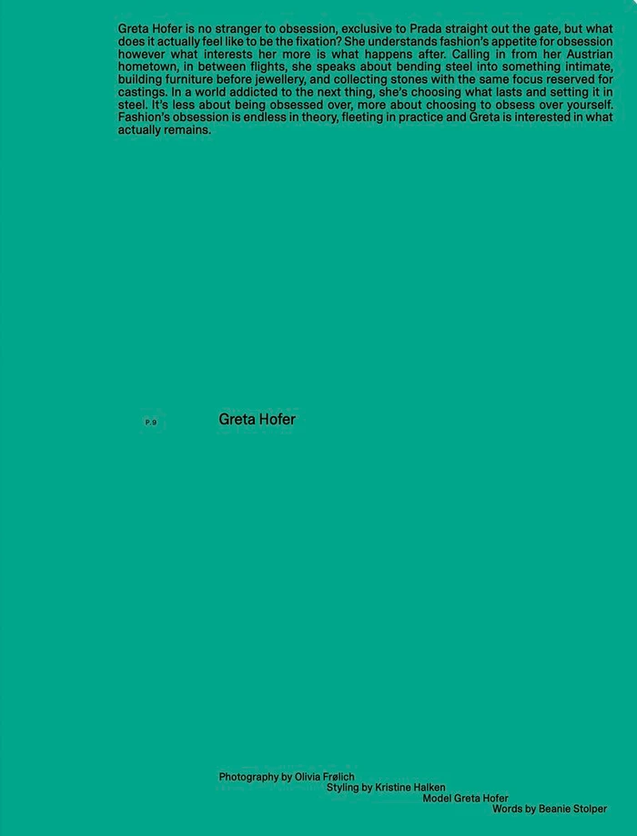 Editorial layout featuring black typography and article text introducing Greta Hofer on a solid bright green background.