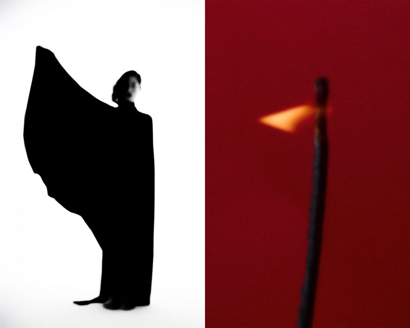 Artistic split screen with a woman in a black dress silhouetted against white and a burning match stick against a red background.