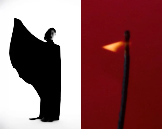 Artistic split screen with a woman in a black dress silhouetted against white and a burning match stick against a red background.