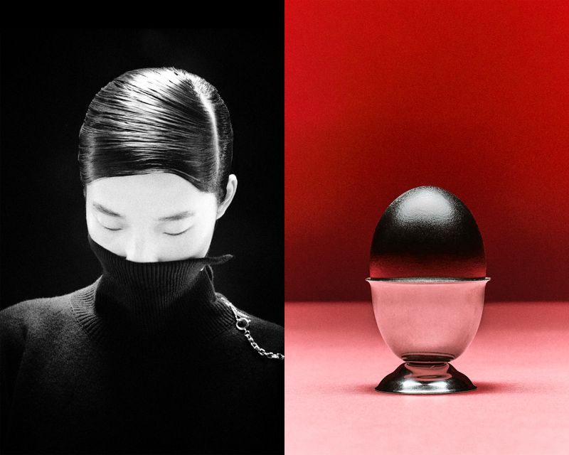 Monochromatic portrait split composition featuring a woman in black and an egg in a silver cup against red, creating a striking contrast.