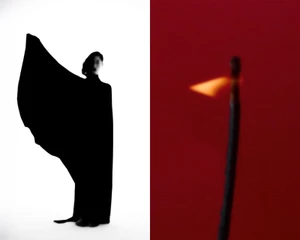 Split composition featuring a silhouetted figure in a black cloak on the left and a burning match against red on the right.