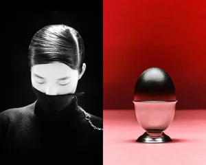 Split-screen fashion image featuring a model in a black turtleneck next to a dark egg in a metal eggcup against red and black backgrounds.