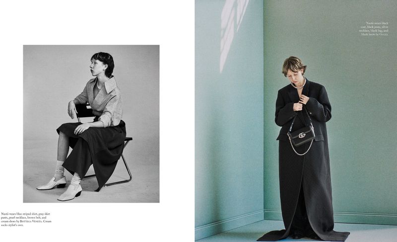 Two distinct studio portraits showcase a woman in contrasting fashion styles, one monochrome, one color, each exuding unique elegance.
