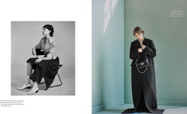 Two distinct studio portraits showcase a woman in contrasting fashion styles, one monochrome, one color, each exuding unique elegance.