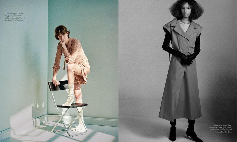Editorial fashion shot featuring two female models in a split-screen setting, showcasing different styles and compositions with muted tones.