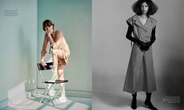 Editorial fashion shot featuring two female models in a split-screen setting, showcasing different styles and compositions with muted tones.
