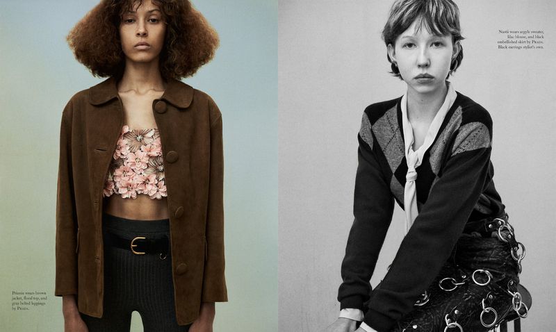 Two women in a split-screen fashion editorial. One woman wears a brown jacket, and the other wears an argyle sweater.