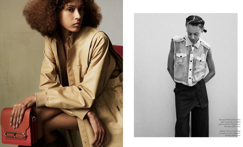 Editorial fashion shot: A woman in beige outerwear sits beside an image of a woman in a white sleeveless top and black pants.