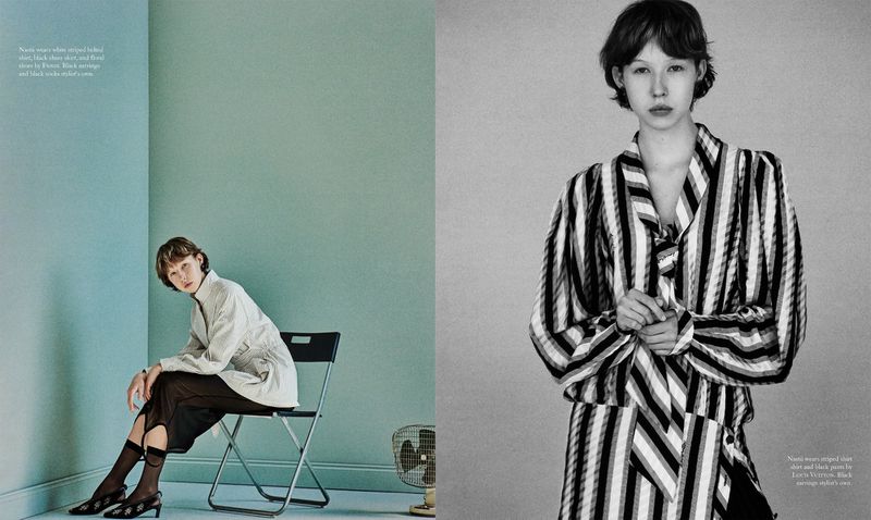 Woman in striped jacket sits in interior and woman in striped jacket in black and white portrait, high contrast.