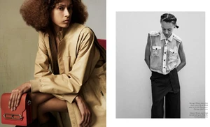 Diptyque fashion editorial spread featuring model Prinnie Stott in a tan coat holding a red bag and a black-and-white portrait.