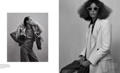 Black and white fashion spread showing two models in editorial styling against a plain background.