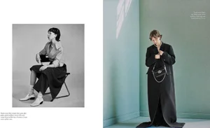 Two-panel fashion editorial featuring a model seated in a chair on the left and standing in a green room on the right.