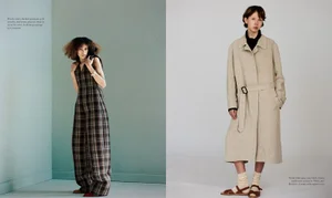 Two models showcasing contemporary fashion spreads in a magazine layout with neutral and pastel backdrops