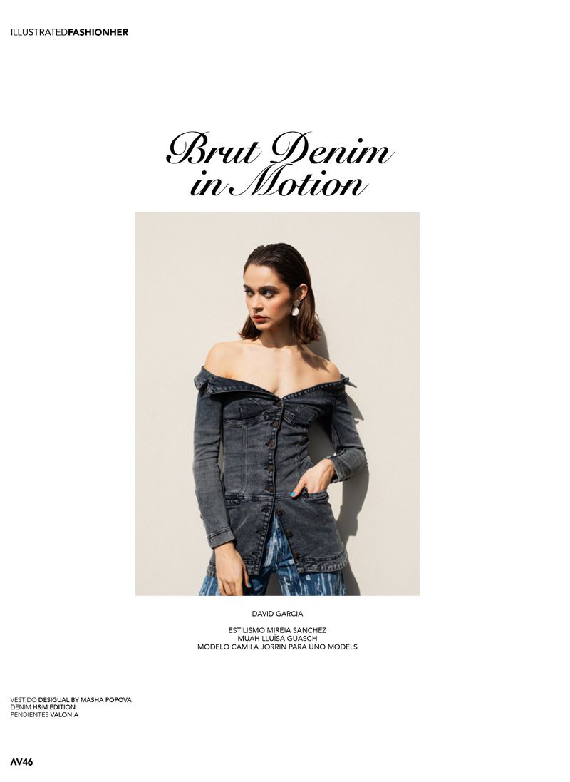 Fashion editorial layout featuring a woman in an off-the-shoulder washed grey denim top and patterned jeans against a neutral backdrop.