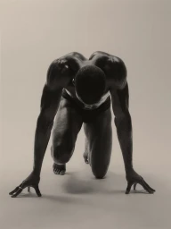 Monochrome studio portrait of a muscular Black male sprinter crouched in a track starting stance against a plain backdrop.