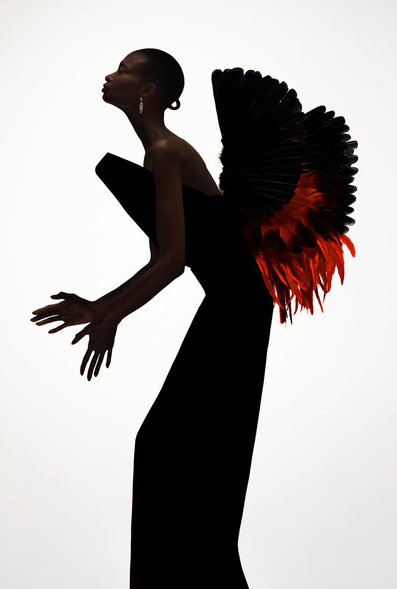Debra Shaw posed in profile wearing a black sculptural gown with black and red feathered wings against a white studio backdrop.