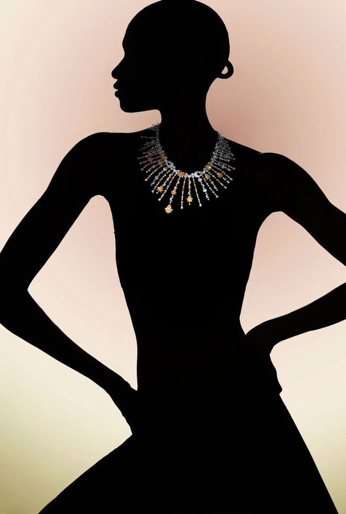 Silhouette of model Debra Shaw wearing an intricate diamond fringe necklace against a warm pale gradient background.