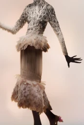 Model Debra Shaw poses in an intricate textured feather dress against a soft backlit studio backdrop.