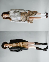 Two fashion models displayed in vertical split layout wearing layered plaid and neutral garments against a grey background.