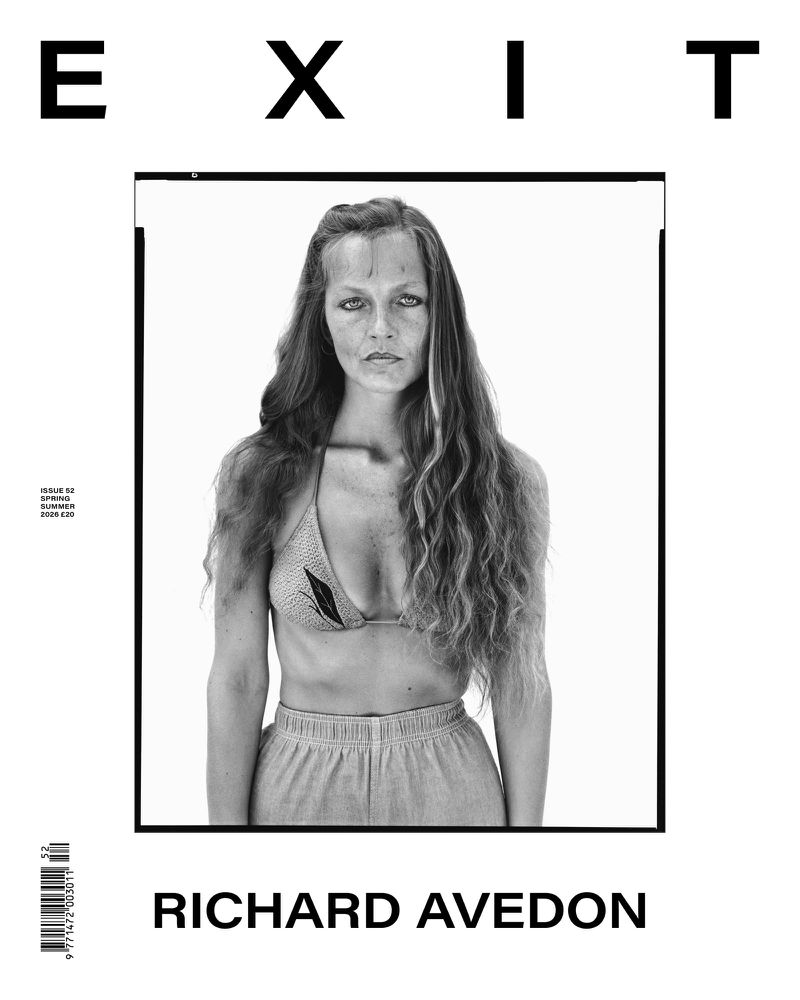 Black and white Exit Magazine cover featuring a portrait by Richard Avedon of a woman with long wavy hair in a bikini top.