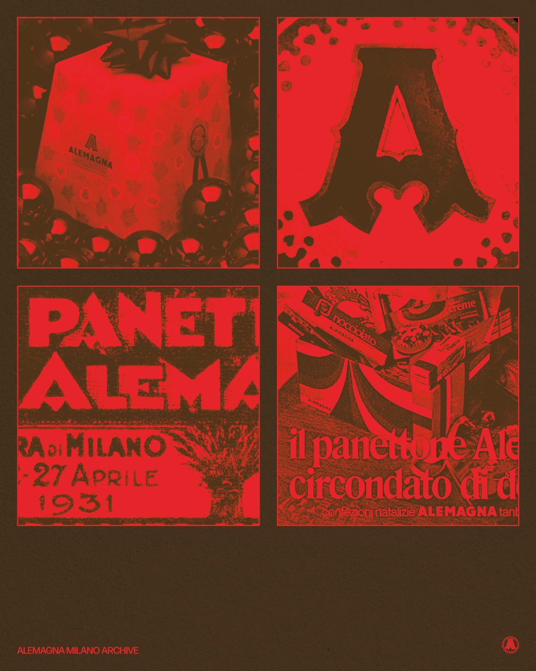 Red and brown graphic poster layout featuring four archival panels with bold typography and packaging imagery for Alemagna rebrand.