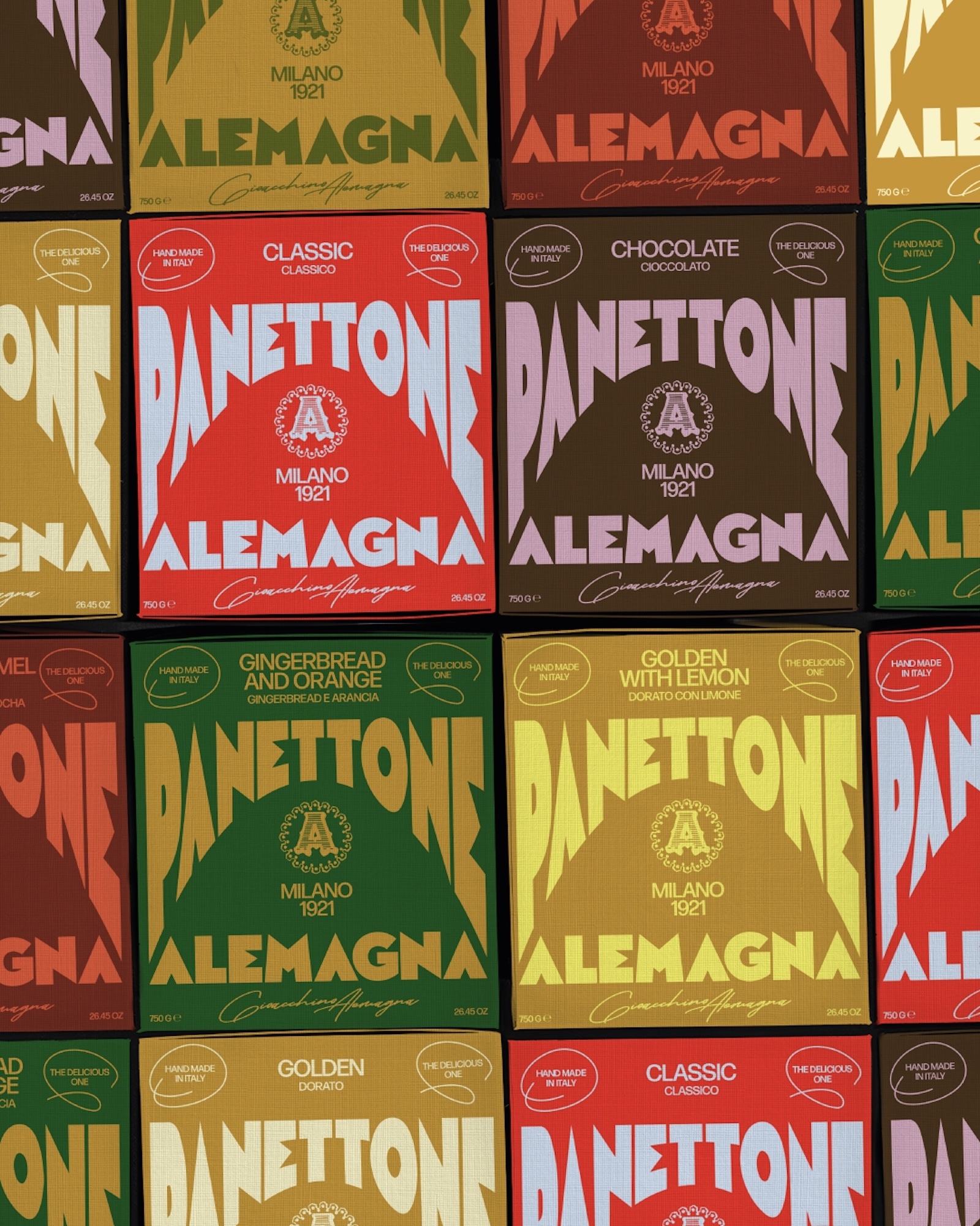 Colorful Panettone boxes with bold typography and retro geometric patterns for Alemagnas rebrand