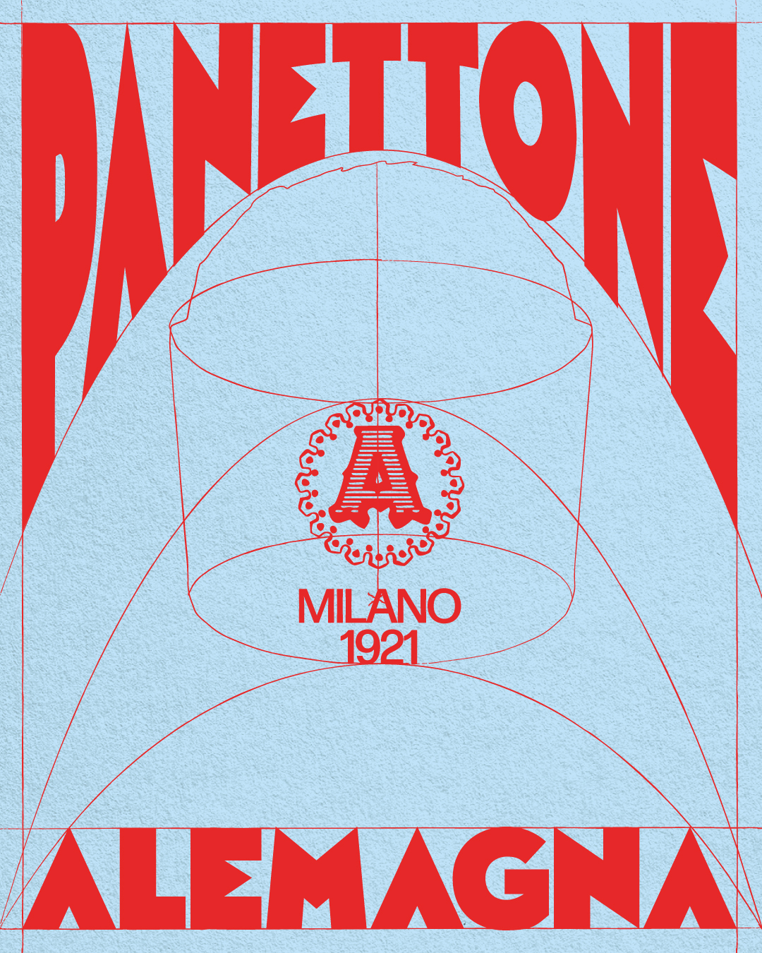 Red graphic poster design with geometric construction lines on a light blue background for Alemagna brand identity.