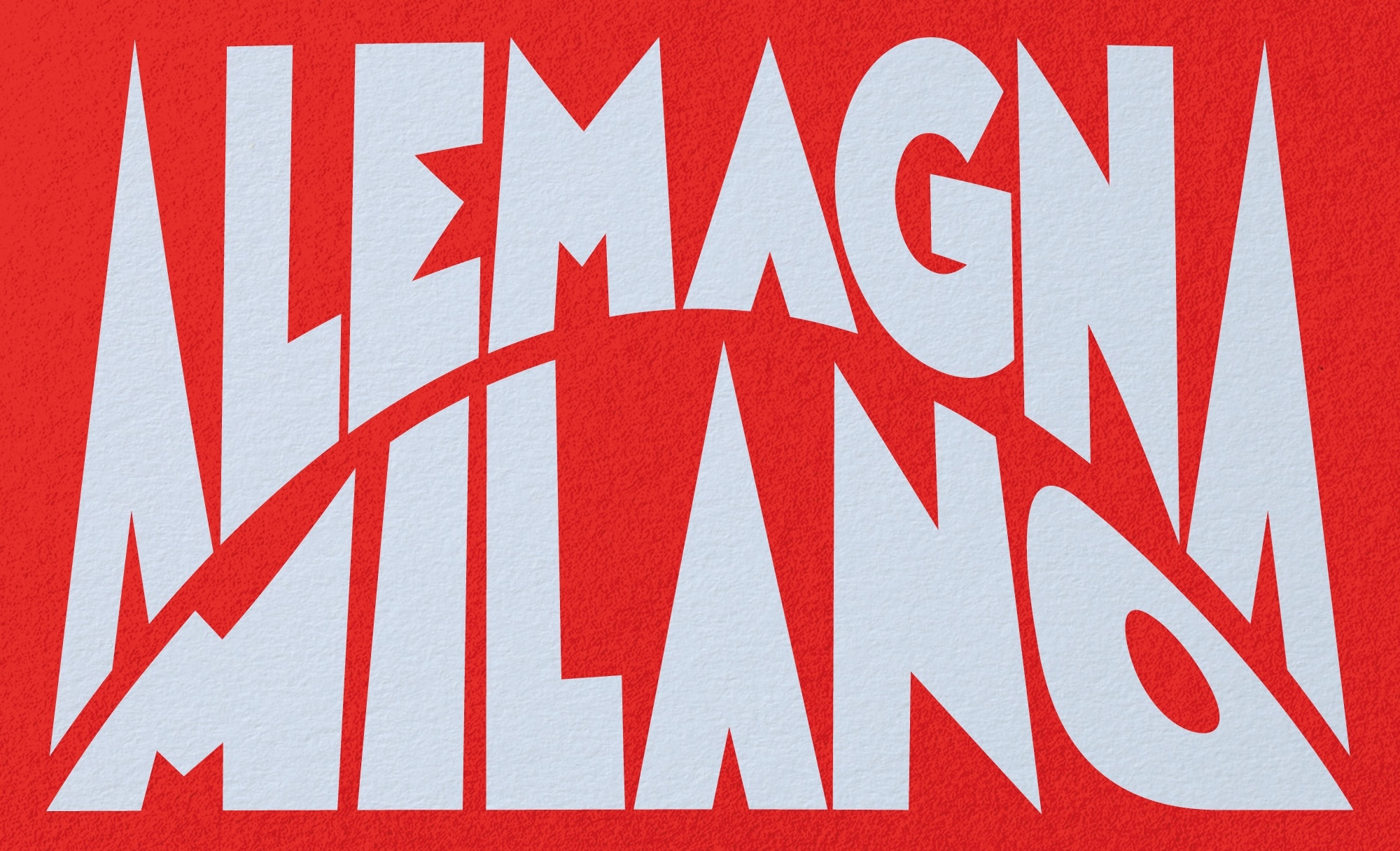 Bold white typography spelling Alemagna Milano against a textured red background for brand identity.