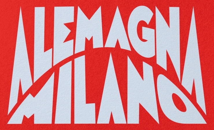 Bold white typography spelling Alemagna Milano against a textured red background for brand identity.
