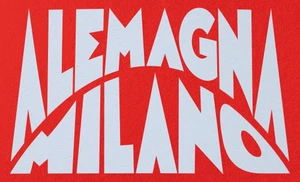 Bold white typography spelling Alemagna Milano against a textured red background for brand identity.