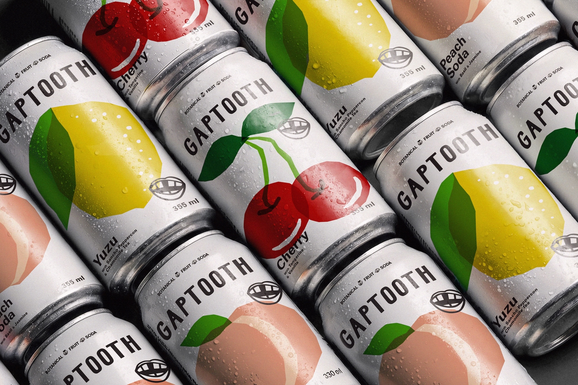 An arrangement of GAPTOOTH botanical fruit soda cans featuring cherry, yuzu, and peach flavors with condensation droplets.
