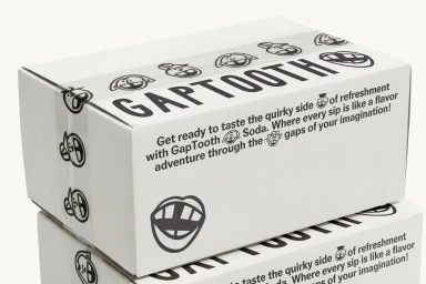 White cardboard box branded with GAPTOOTH text, graphic mouth illustrations, and promotional text on a white seamless background