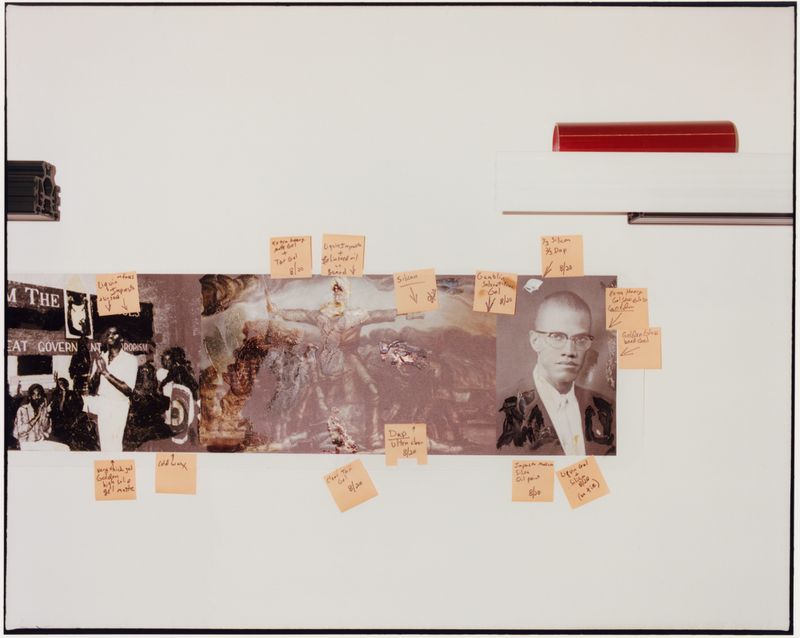 Art installation featuring a horizontal collage strip on a white wall covered with yellow sticky notes, photographed by Keith Oshiro.