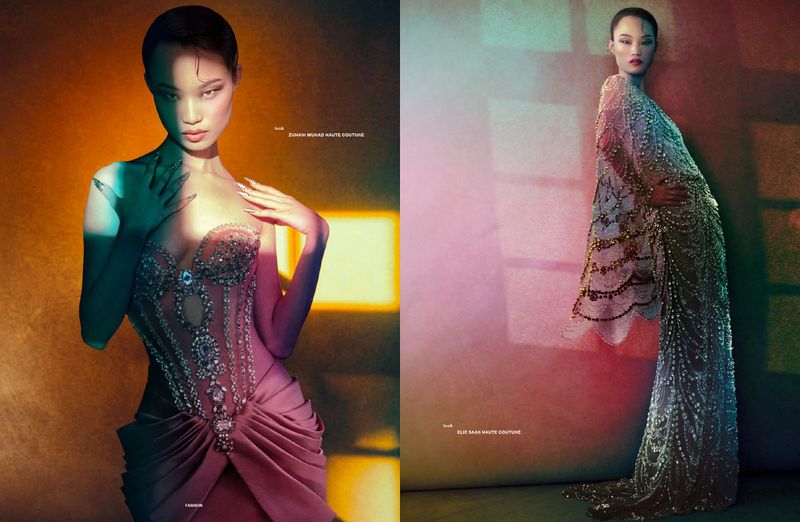 Fashion editorial split-image features two elegant Asian models in embellished gowns; diffused lighting with orange and pink studio backgrounds.