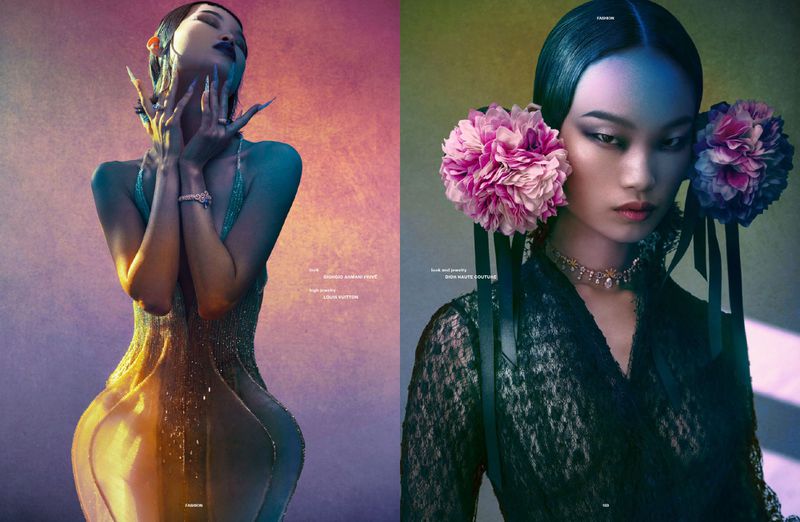 Model Wenli Zhao with pink floral hair accessories and lace top for Numero Netherlands Les Aureoles editorial by Ryan Tandya