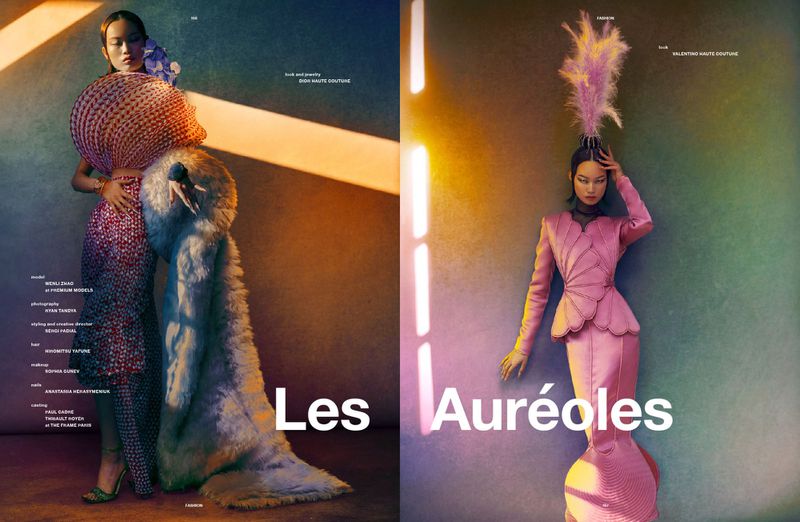 Two fashion editorial panels featuring Wenli Zhao in sculptural haute couture garments against a colorful gradient background.