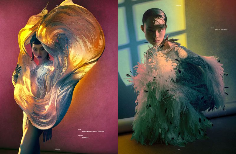 Two fashion editorial panels featuring models with dramatic avant-garde garments and colorful studio lighting for Numero Netherlands.