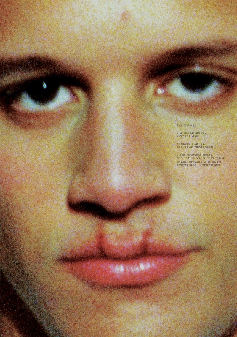 Close-up portrait of a man's face with heavy film grain and editorial text styling on the right side of the frame.