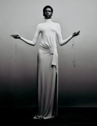Model Nyagoa Diu wearing a high neck cream dress holding dark particles falling from hands against a grey studio backdrop